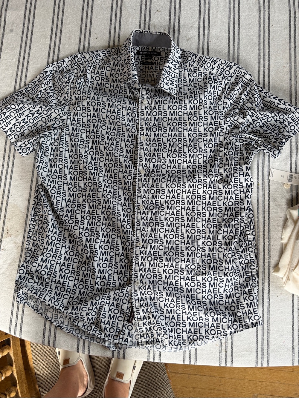 Michael Kors Black and White Logo Print Short-Sleeve Button-Up Shirt, Mens L